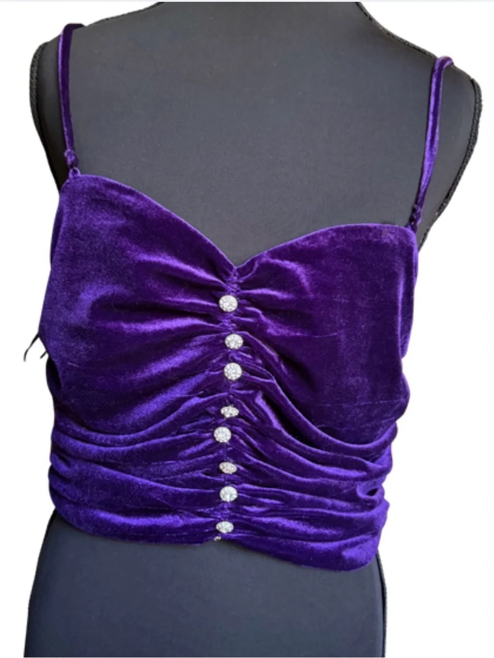 Zara Purple Velvet Rhinestone Ruched Crop Top Size M - Picture 2 of 4
